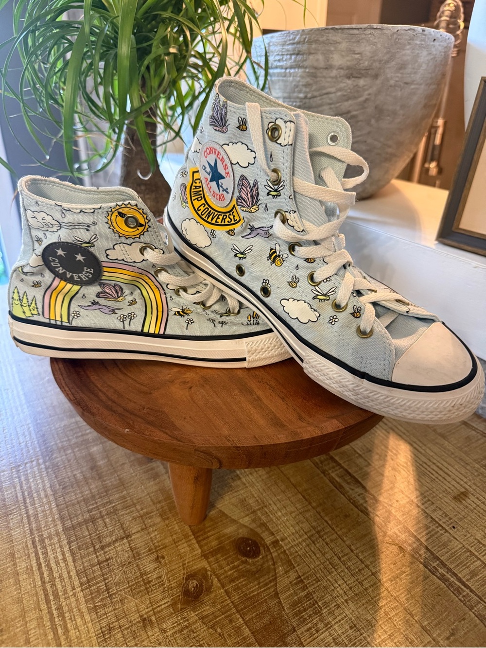 Converse Light Blue High Top Sneakers with Rainbow & Cloud Accents